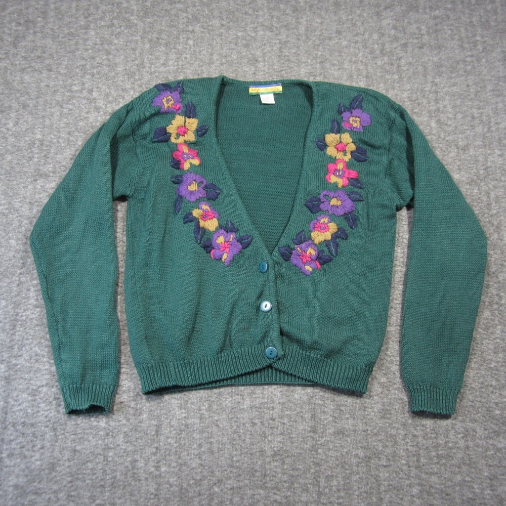 Vtg Bryn Connelly Cardigan S Green‎ Floral Embroidered Grandma Cottage Spring - Picture 2 of 10